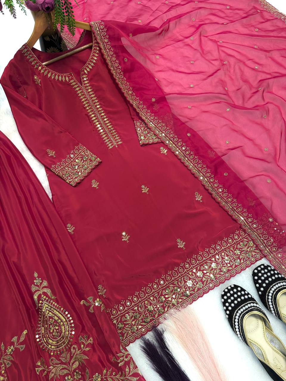 Garnet Opulence Embroidered Sharara